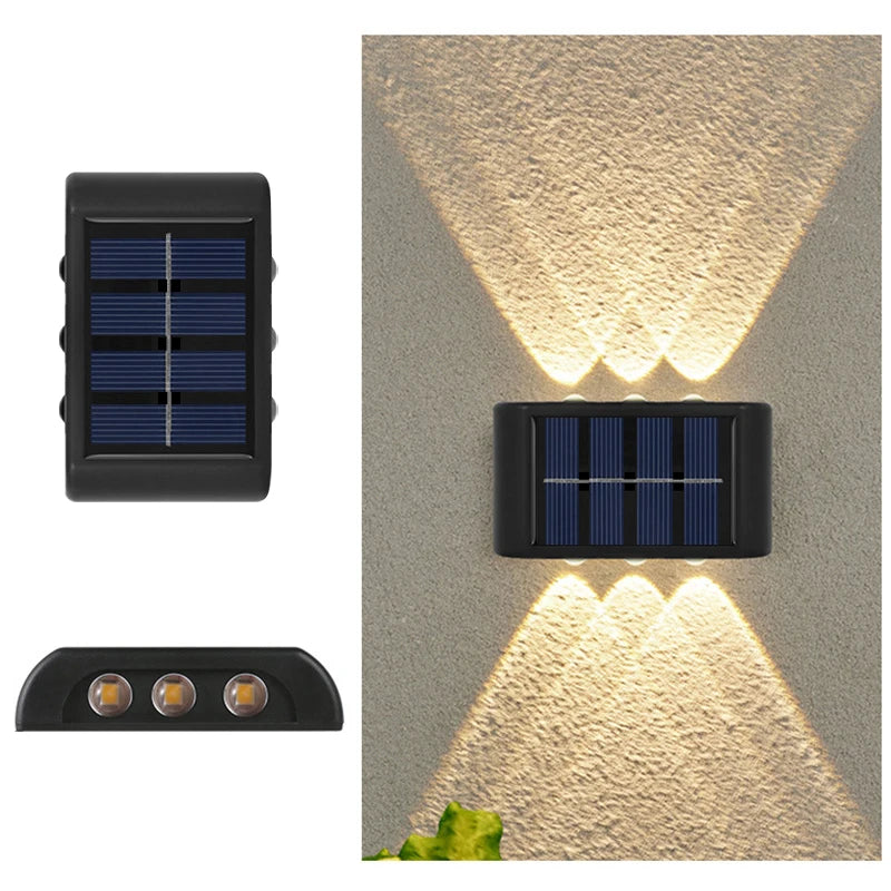 Solar Outdoor Wall Light – Dual Direction 6 LEDs – Waterproof for Columns, Walls, Garden & Patio Lighting