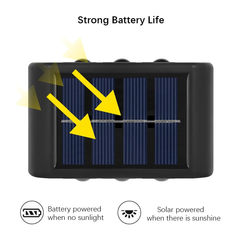 Solar Outdoor Wall Light – Dual Direction 6 LEDs – Waterproof for Columns, Walls, Garden & Patio Lighting
