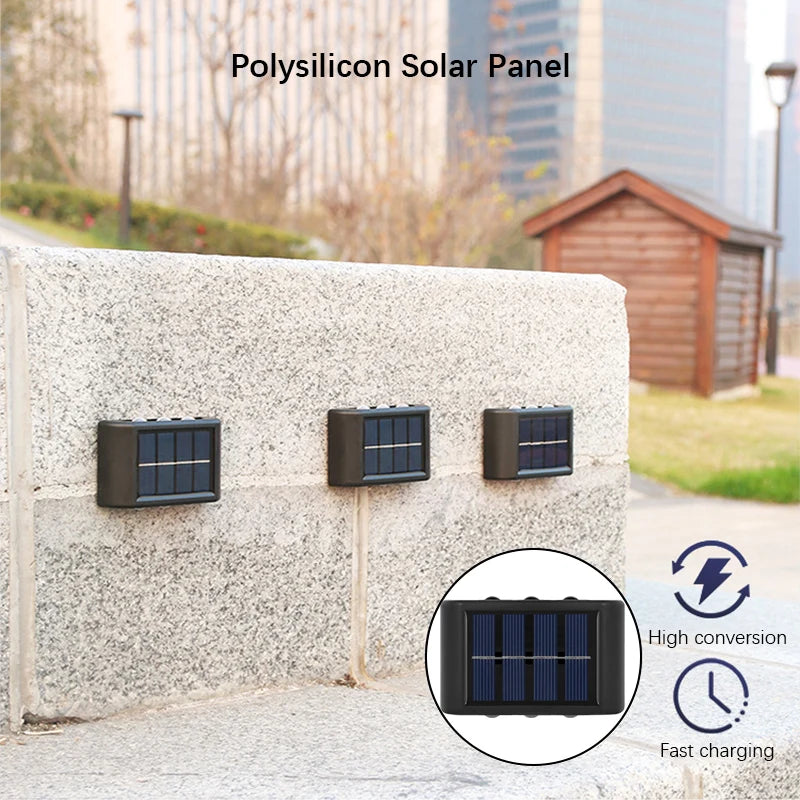 Solar Outdoor Wall Light – Dual Direction 6 LEDs – Waterproof for Columns, Walls, Garden & Patio Lighting