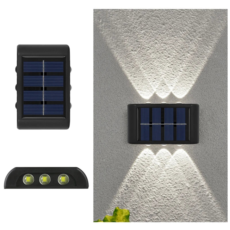 Solar Outdoor Wall Light – Dual Direction 6 LEDs – Waterproof for Columns, Walls, Garden & Patio Lighting