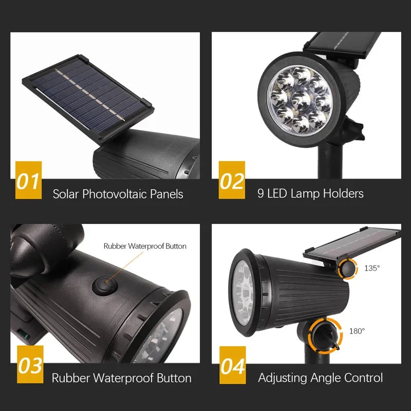 Garden Solar Spotlight, 9 LEDs, Waterproof, Easy Installation