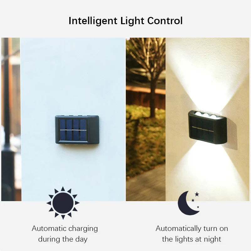 Solar Outdoor Wall Light – Dual Direction 6 LEDs – Waterproof for Columns, Walls, Garden & Patio Lighting