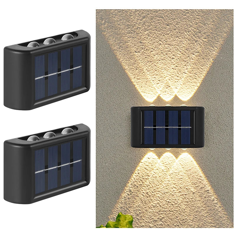 Solar Outdoor Wall Light – Dual Direction 6 LEDs – Waterproof for Columns, Walls, Garden & Patio Lighting