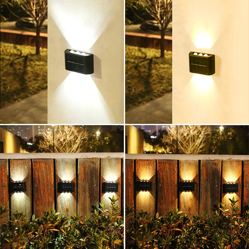 Solar Outdoor Wall Light – Dual Direction 6 LEDs – Waterproof for Columns, Walls, Garden & Patio Lighting